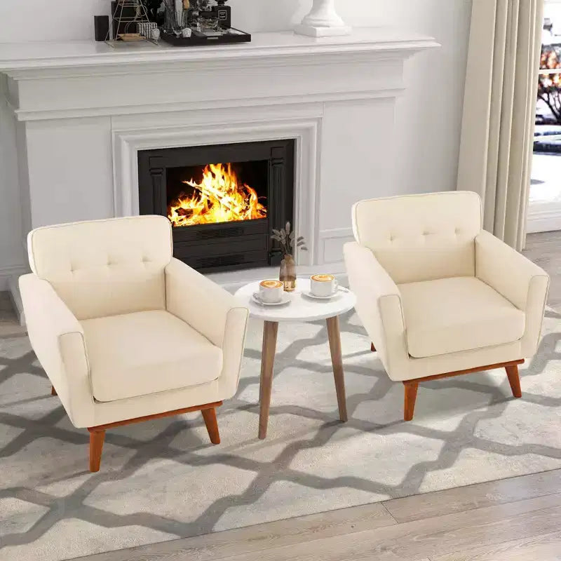 Modern Accent Chair Upholstered Linen Fabric Armchair with Removable Cushion Beige/Grey