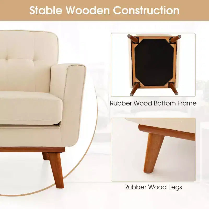 Modern Accent Chair Upholstered Linen Fabric Armchair with Removable Cushion Beige/Grey
