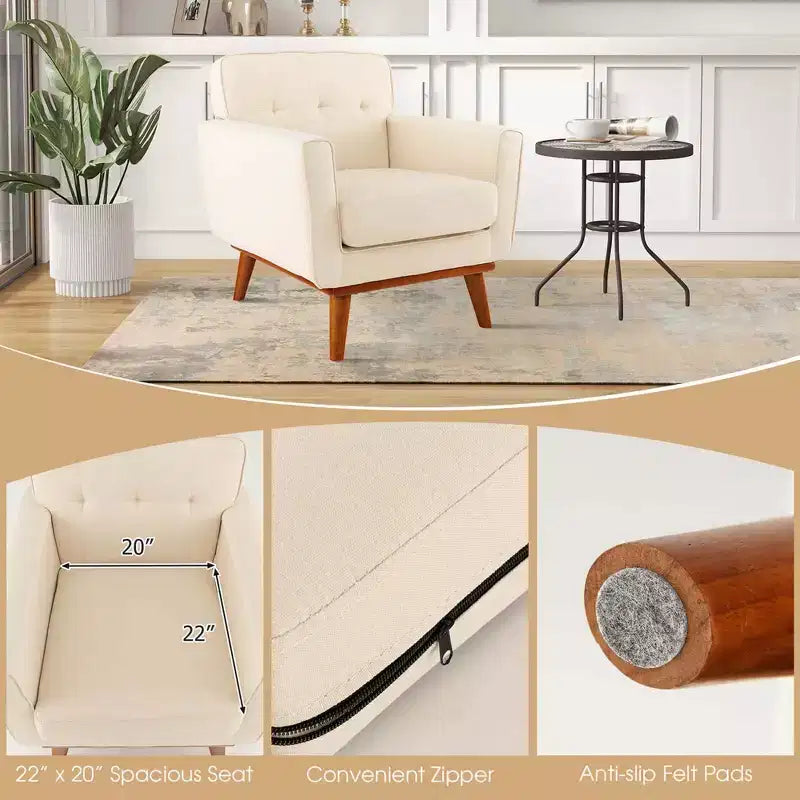 Modern Accent Chair Upholstered Linen Fabric Armchair with Removable Cushion Beige/Grey