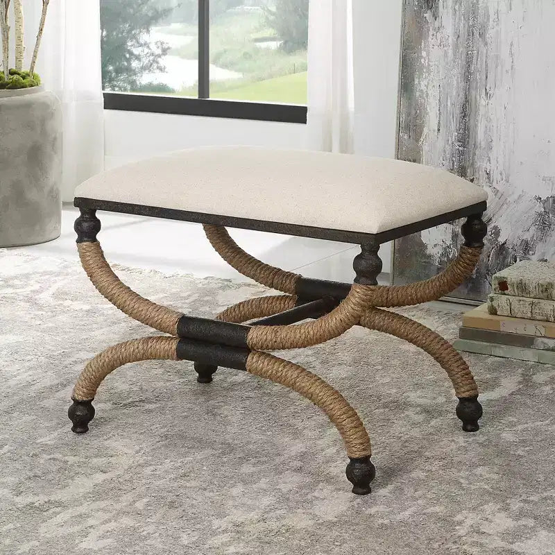 Oatmeal Fabric Rectangular Bench with Iron Frame