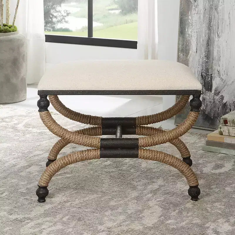 Oatmeal Fabric Rectangular Bench with Iron Frame