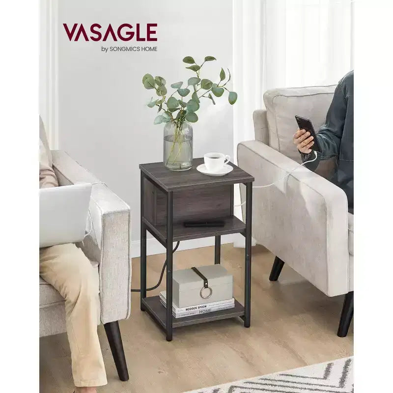 End Table with Charging Station, 3-Tier Side Table with USB Ports and Outlets
