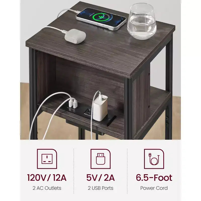 End Table with Charging Station, 3-Tier Side Table with USB Ports and Outlets