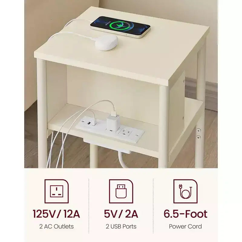 End Table with Charging Station, 3-Tier Side Table with USB Ports and Outlets