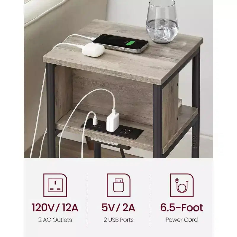 End Table with Charging Station, 3-Tier Side Table with USB Ports and Outlets