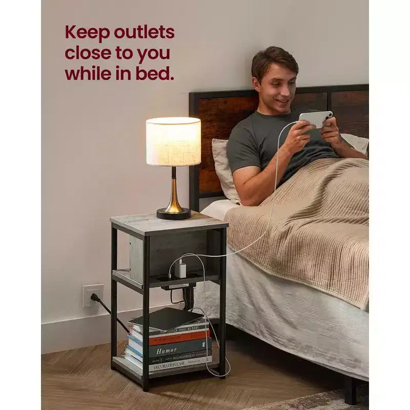 End Table with Charging Station, 3-Tier Side Table with USB Ports and Outlets