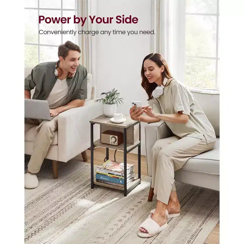 End Table with Charging Station, 3-Tier Side Table with USB Ports and Outlets