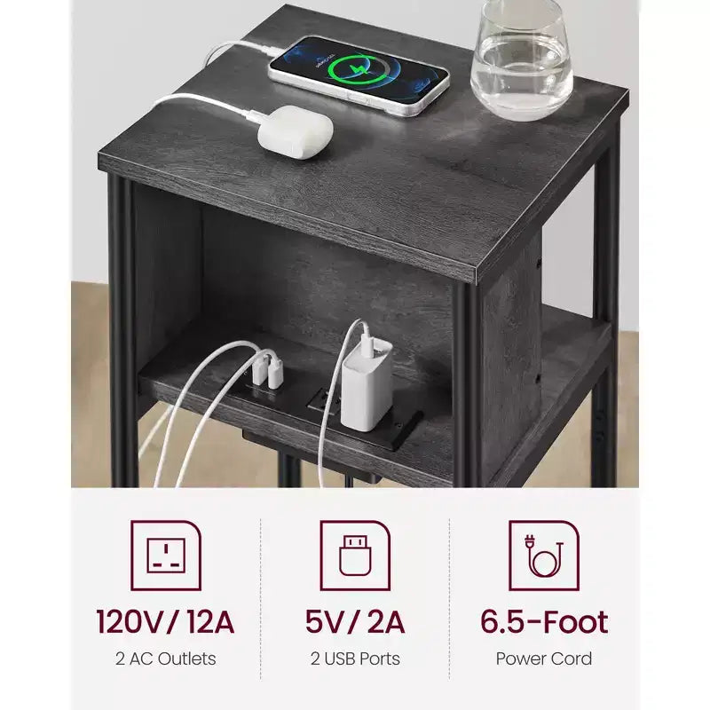 End Table with Charging Station, 3-Tier Side Table with USB Ports and Outlets