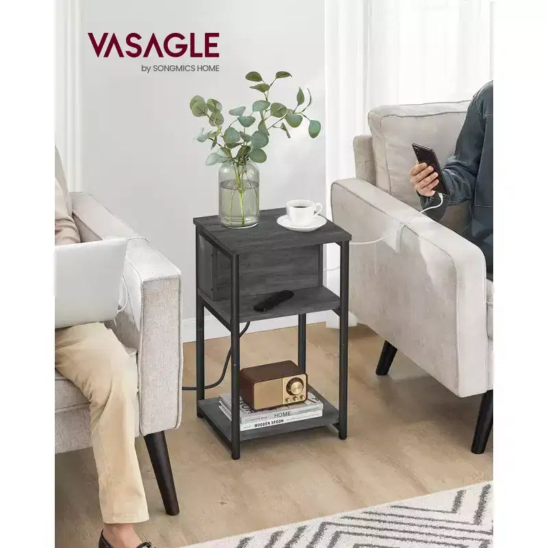 End Table with Charging Station, 3-Tier Side Table with USB Ports and Outlets