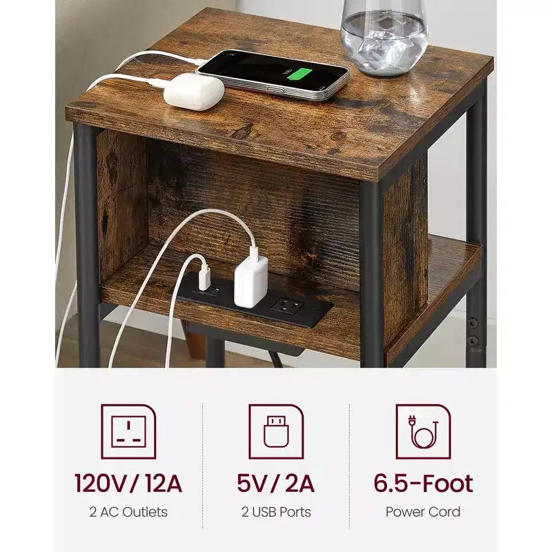 End Table with Charging Station, 3-Tier Side Table with USB Ports and Outlets
