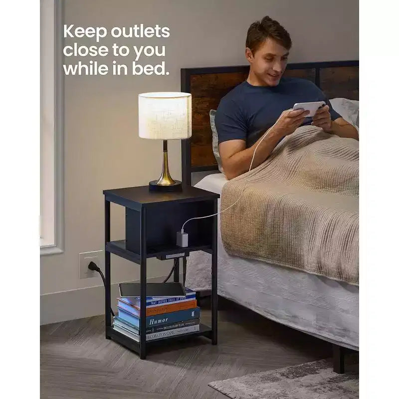 End Table with Charging Station, 3-Tier Side Table with USB Ports and Outlets