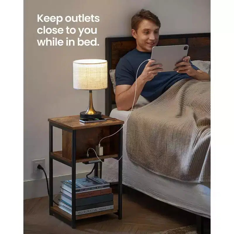 End Table with Charging Station, 3-Tier Side Table with USB Ports and Outlets
