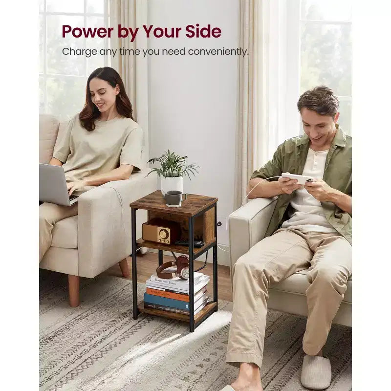 End Table with Charging Station, 3-Tier Side Table with USB Ports and Outlets