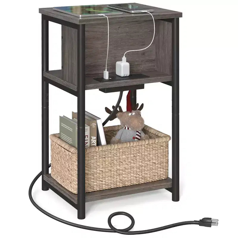 End Table with Charging Station, 3-Tier Side Table with USB Ports and Outlets