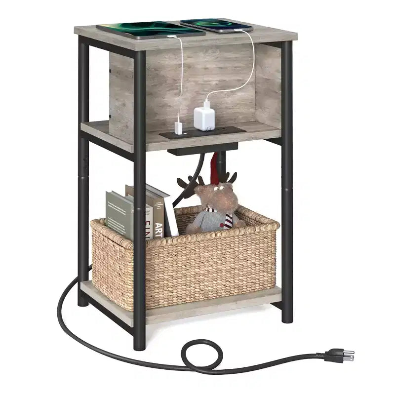 End Table with Charging Station, 3-Tier Side Table with USB Ports and Outlets