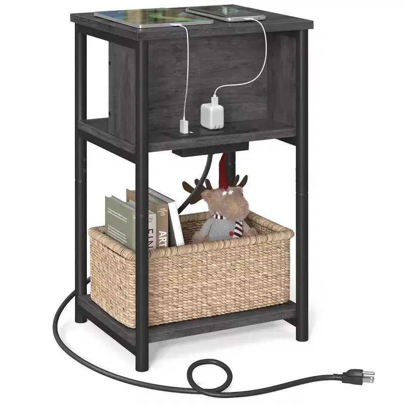 End Table with Charging Station, 3-Tier Side Table with USB Ports and Outlets