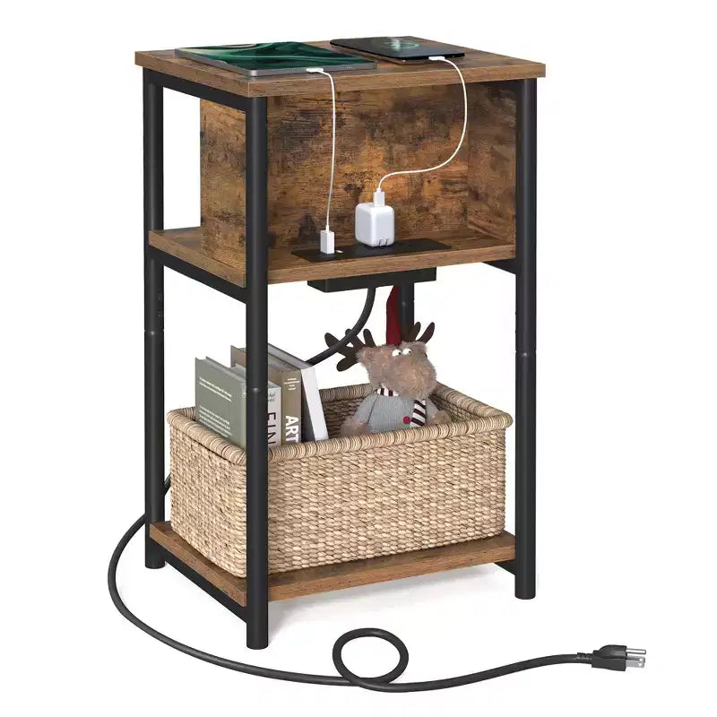 End Table with Charging Station, 3-Tier Side Table with USB Ports and Outlets