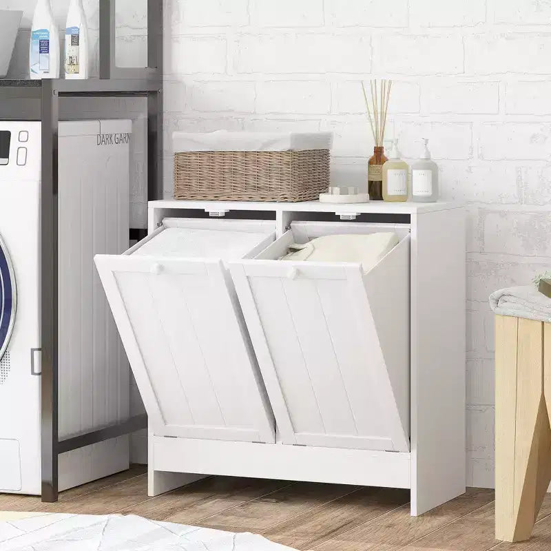 kleankin Tilt out Laundry Hamper, Hamper Cabinet, with 2 Compartments, Modern Laundry Cabinet for Bathroom, Washroom, White