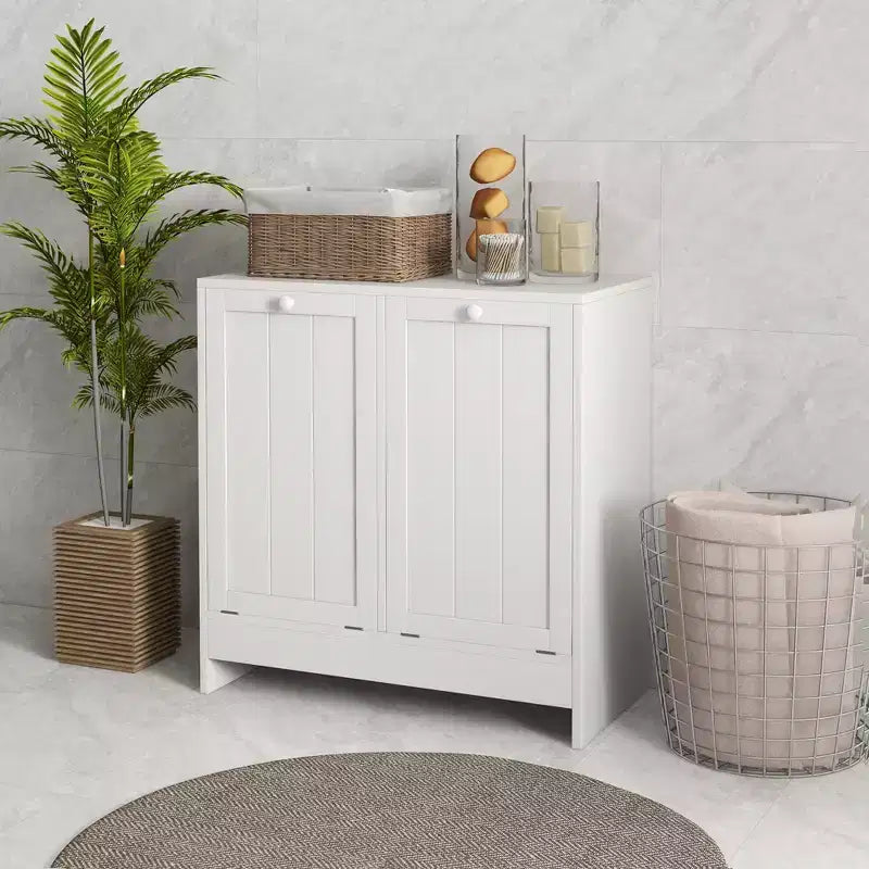 Tilt Out Laundry Hamper Cabinet with 2 Compartments, Modern Laundry Cabinet for Bathroom, Washroom, White