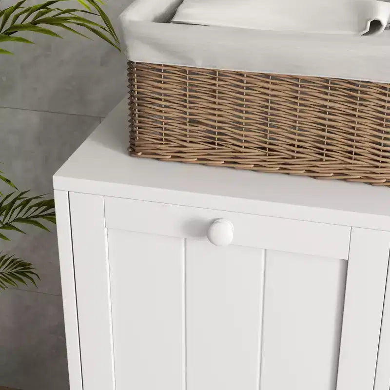 Tilt Out Laundry Hamper Cabinet with 2 Compartments, Modern Laundry Cabinet for Bathroom, Washroom, White