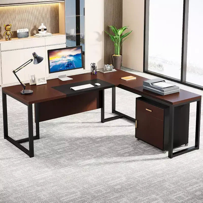 70.8-inch L-Shaped Executive Computer Desk with File Cabinet