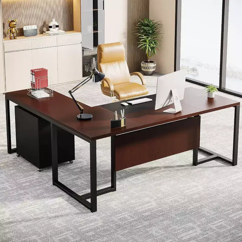70.8-inch L-Shaped Executive Computer Desk with File Cabinet