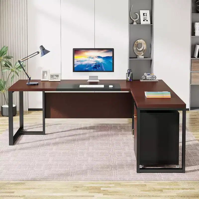 70.8-inch L-Shaped Executive Computer Desk with File Cabinet