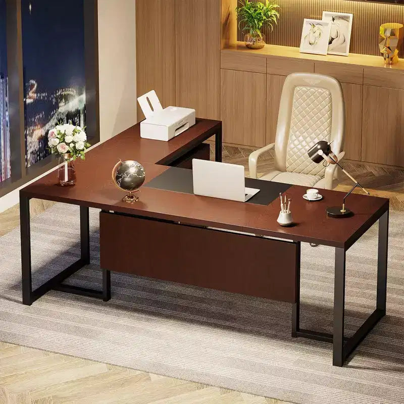 70.8-inch L-Shaped Executive Computer Desk with File Cabinet