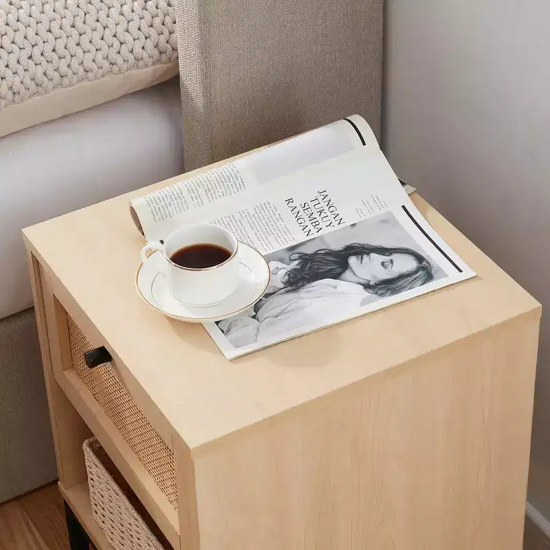 Rattan Nightstand End Table with Drawer, Bedside Table with Open Shelf for Bedroom