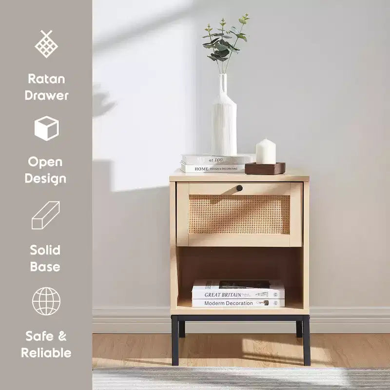 Rattan Nightstand End Table with Drawer, Bedside Table with Open Shelf for Bedroom