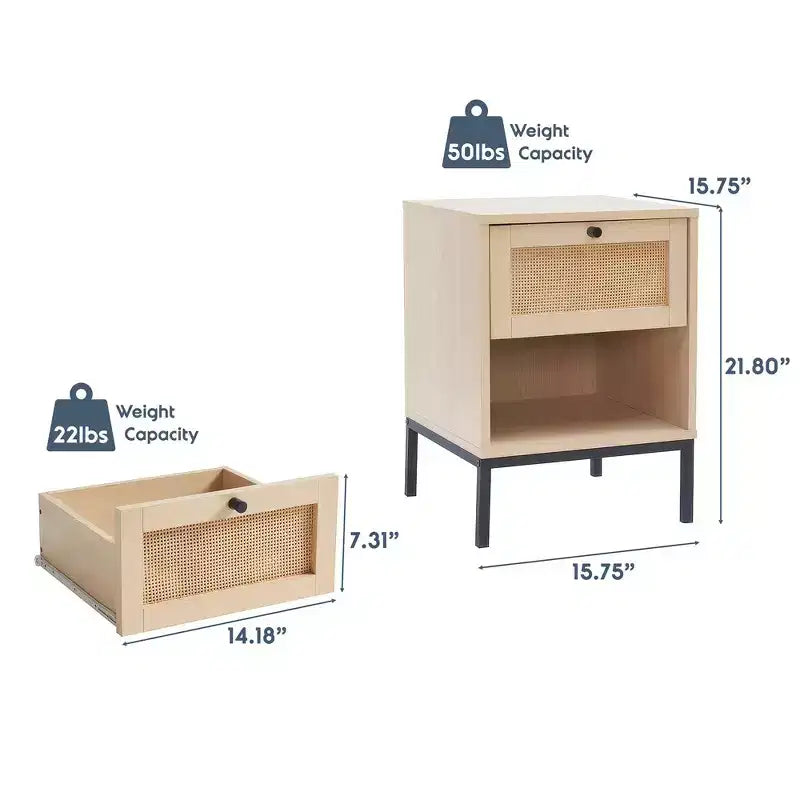 Rattan Nightstand End Table with Drawer, Bedside Table with Open Shelf for Bedroom