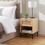 Rattan Nightstand End Table with Drawer, Bedside Table with Open Shelf for Bedroom