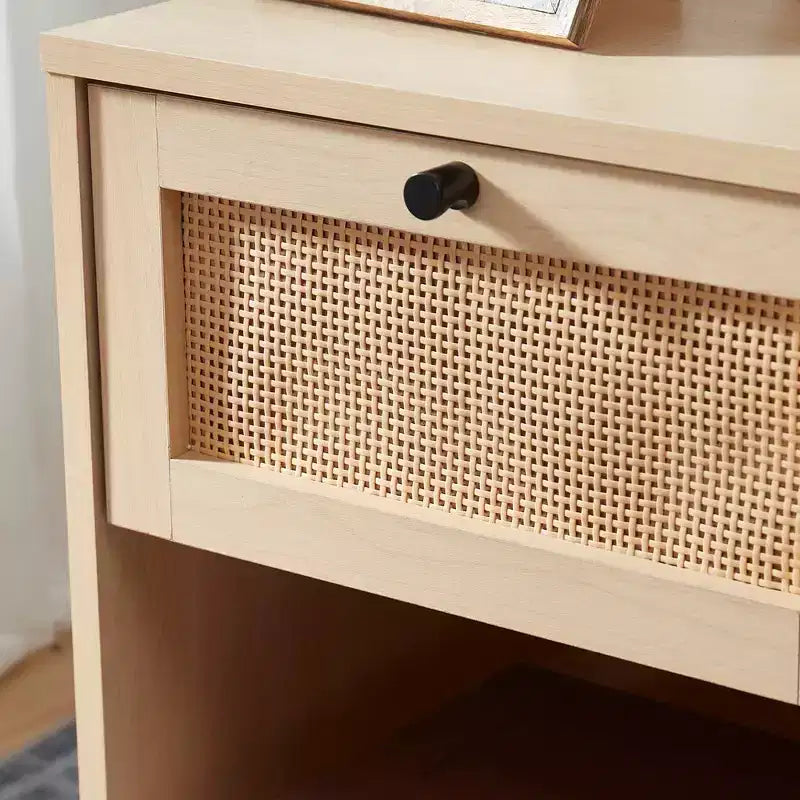 Rattan Nightstand End Table with Drawer, Bedside Table with Open Shelf for Bedroom