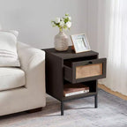 Rattan Nightstand End Table with Drawer, Bedside Table with Open Shelf for Bedroom