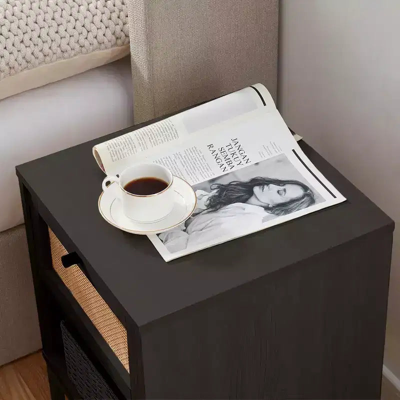 Rattan Nightstand End Table with Drawer, Bedside Table with Open Shelf for Bedroom