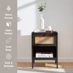 Rattan Nightstand End Table with Drawer, Bedside Table with Open Shelf for Bedroom