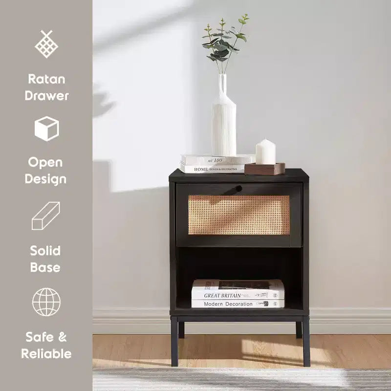 Rattan Nightstand End Table with Drawer, Bedside Table with Open Shelf for Bedroom