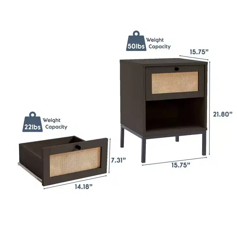 Rattan Nightstand End Table with Drawer, Bedside Table with Open Shelf for Bedroom