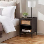 Rattan Nightstand End Table with Drawer, Bedside Table with Open Shelf for Bedroom