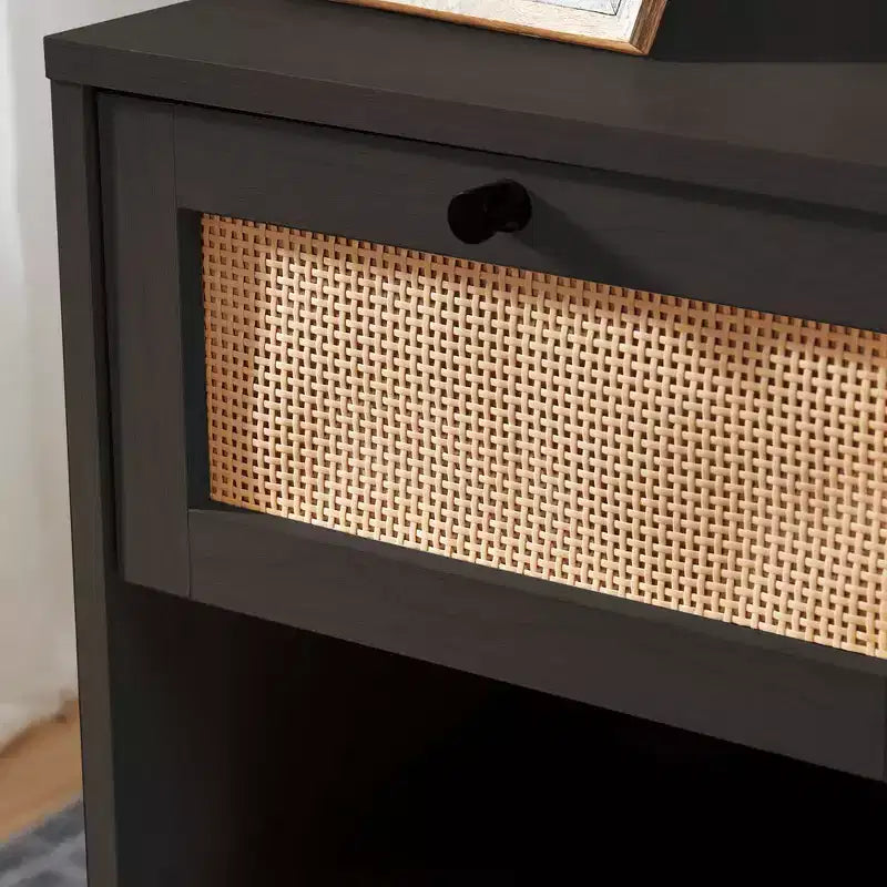 Rattan Nightstand End Table with Drawer, Bedside Table with Open Shelf for Bedroom