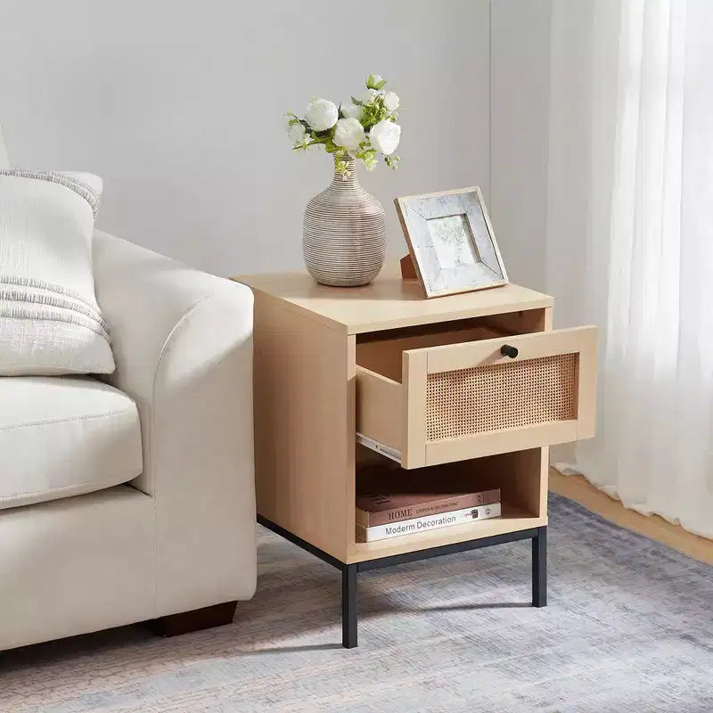 Rattan Nightstand End Table with Drawer, Bedside Table with Open Shelf for Bedroom