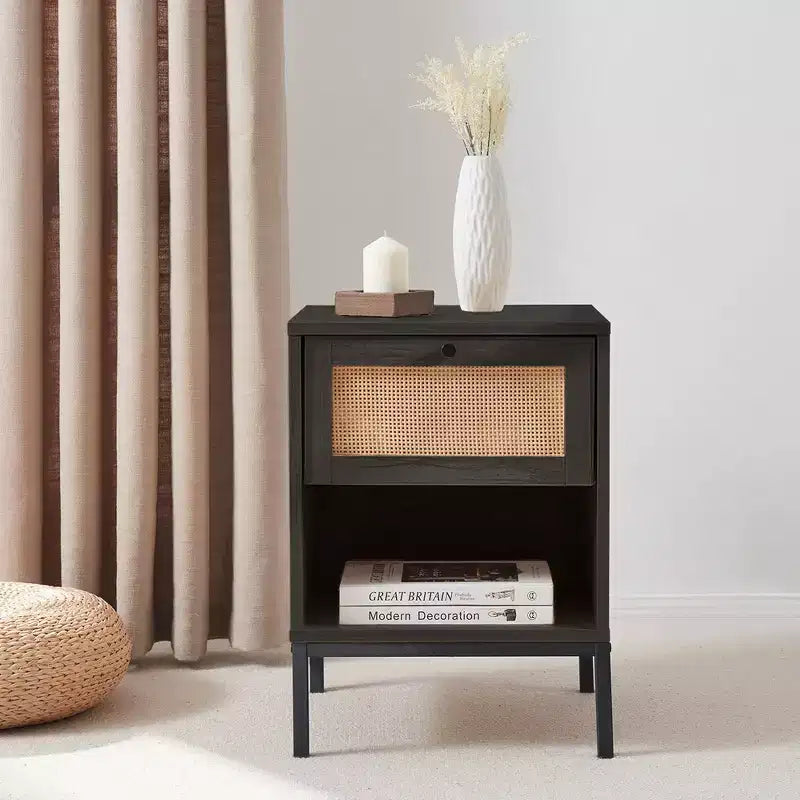 Nestl Rattan Nightstand End Table with Drawer, Bedside Table with Open Shelf for Bedroom Essentials