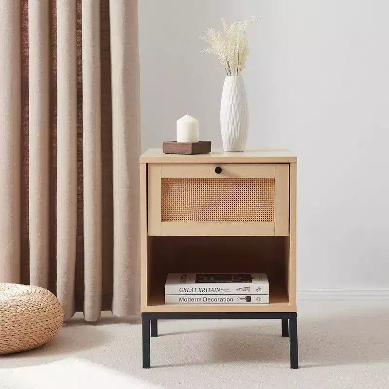 Rattan Nightstand End Table with Drawer, Bedside Table with Open Shelf for Bedroom