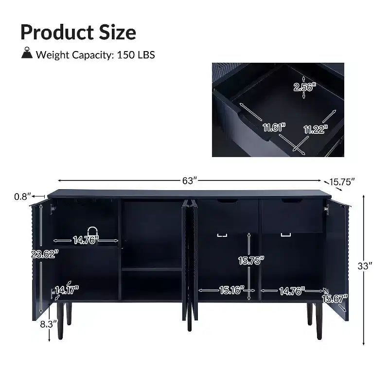 63" 4-Door Sideboard with Hidden Drawers, Wine Rack & Adjustable Shelves