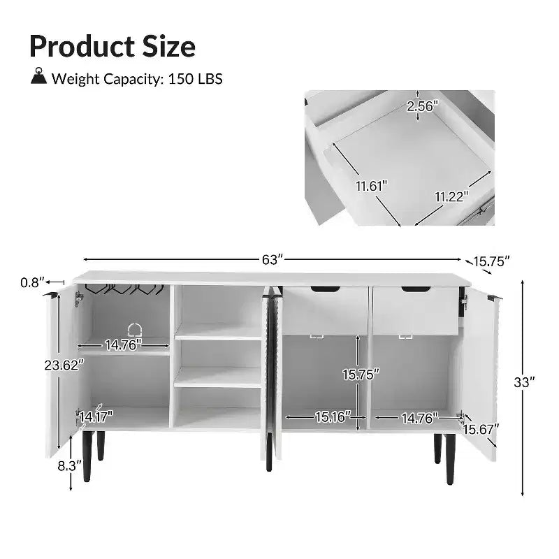 63" 4-Door Sideboard with Hidden Drawers, Wine Rack & Adjustable Shelves