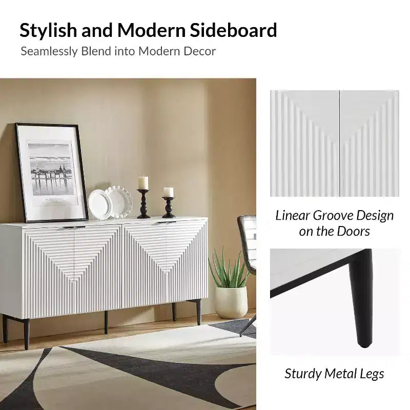63" 4-Door Sideboard with Hidden Drawers, Wine Rack & Adjustable Shelves