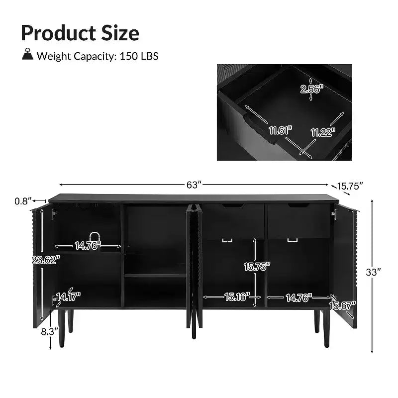 63" 4-Door Sideboard with Hidden Drawers, Wine Rack & Adjustable Shelves