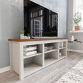 TV Stand for up to 80" TVs with 6 Open Storage Compartments in White/Walnut