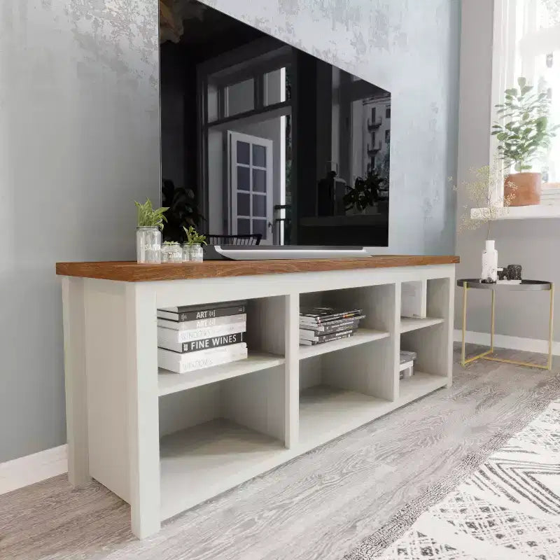 TV Stand for up to 80" TVs with 6 Open Storage Compartments in White/Walnut
