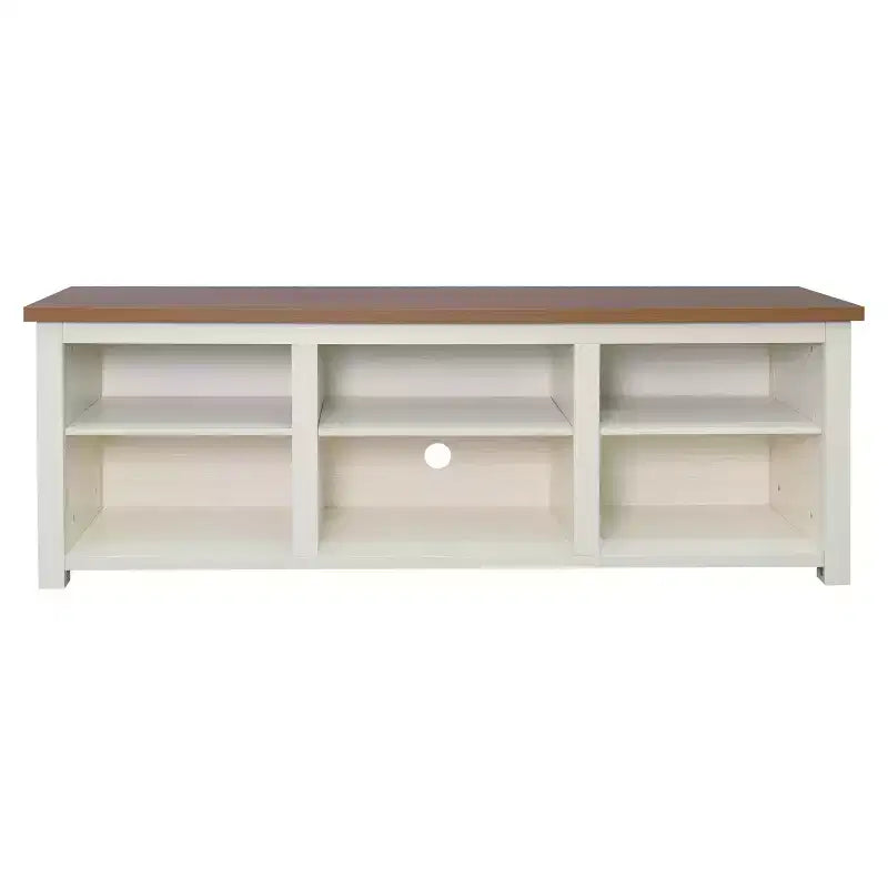 TV Stand for up to 80" TVs with 6 Open Storage Compartments in White/Walnut